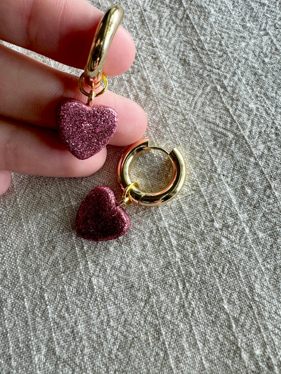 Rose Pink Glitter Heart CHARM- HOOP SOLD SEPARATELY / Polymer Clay Jewelry