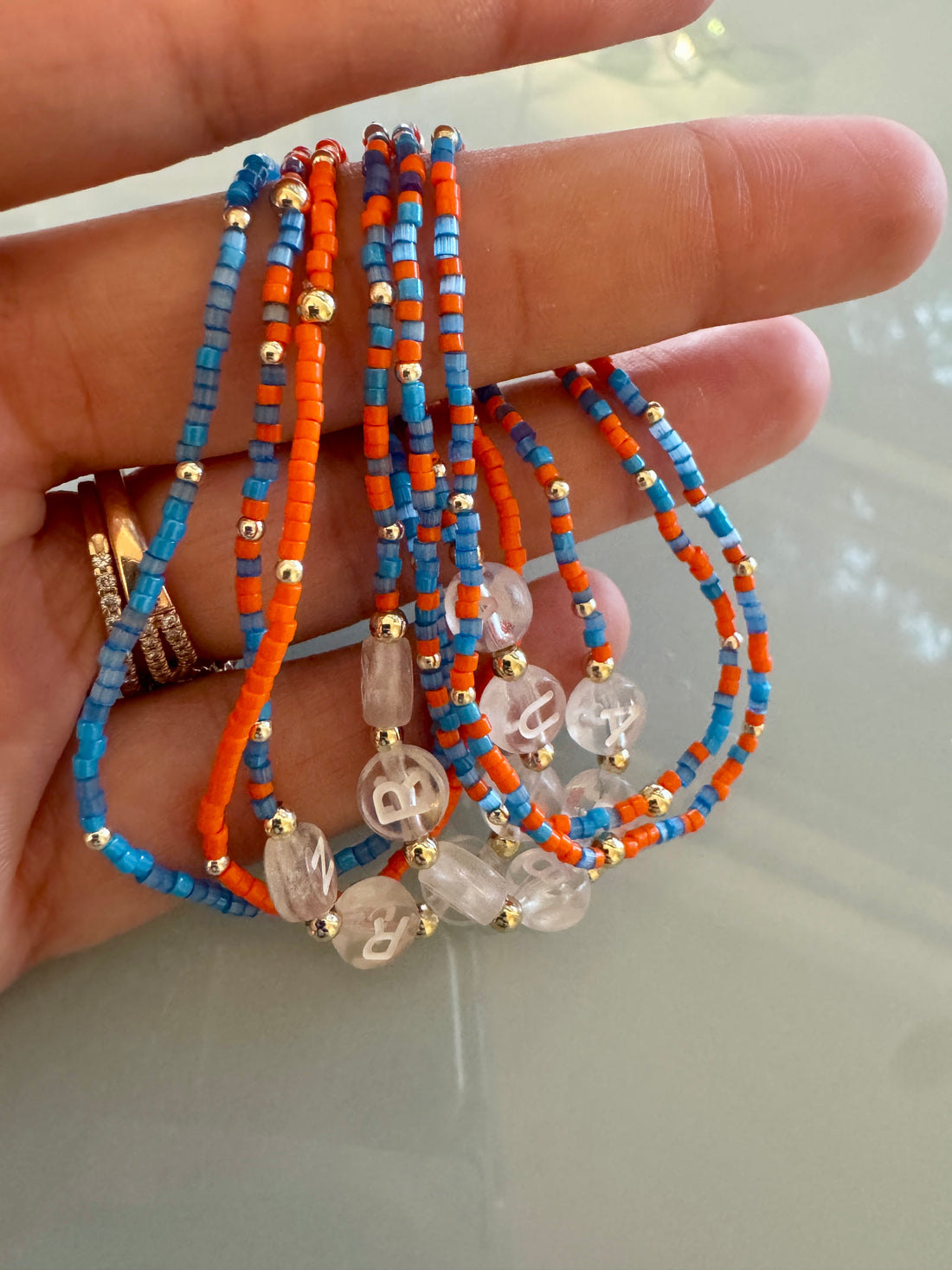 Game day Stack of 3/ gold filled stretch bracelet / orange and blue