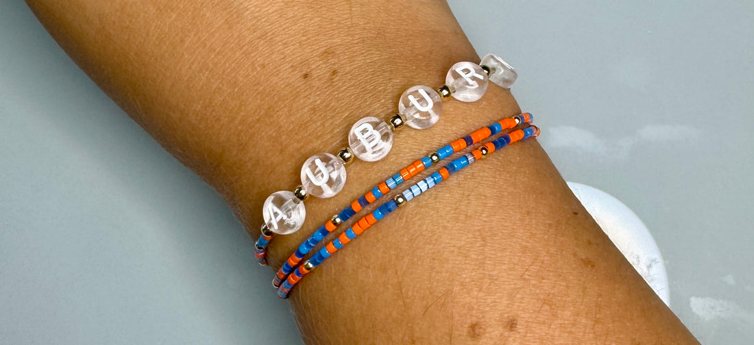 Game day Stack of 3/ gold filled stretch bracelet / orange and blue