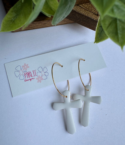 White Cross Hoops (gold or silver available)